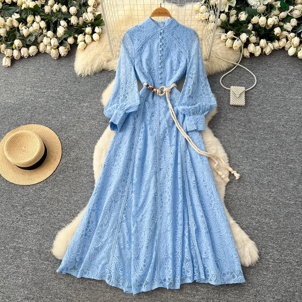 French Elegant Red Lace Hollow Temperament Dress Women's Spring Long-sleeved Waist Slim A-shaped Long Dress Commuting