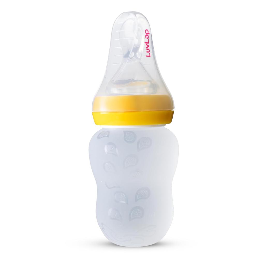 LuvLap Silicone Baby Feeding Bottle With Squeezy Spoon For Infant Baby Food Puree Juice Milk Water Feeder 180ml