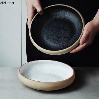 Japoniško stiliaus apvalus gilus lėkštė Retro sriubos lėkštė Sashimi lėkštė Salotos lėkštė Desertų ir užkandžių lėkštės Virtuvės šiurkščia keramika stalo indai