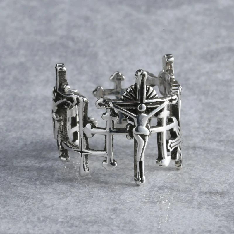 Jesus Cross Vintage Classic Adjustable Couple Commemorative Ring Opening Finger Ring for Women Men Fashion Punk Gift