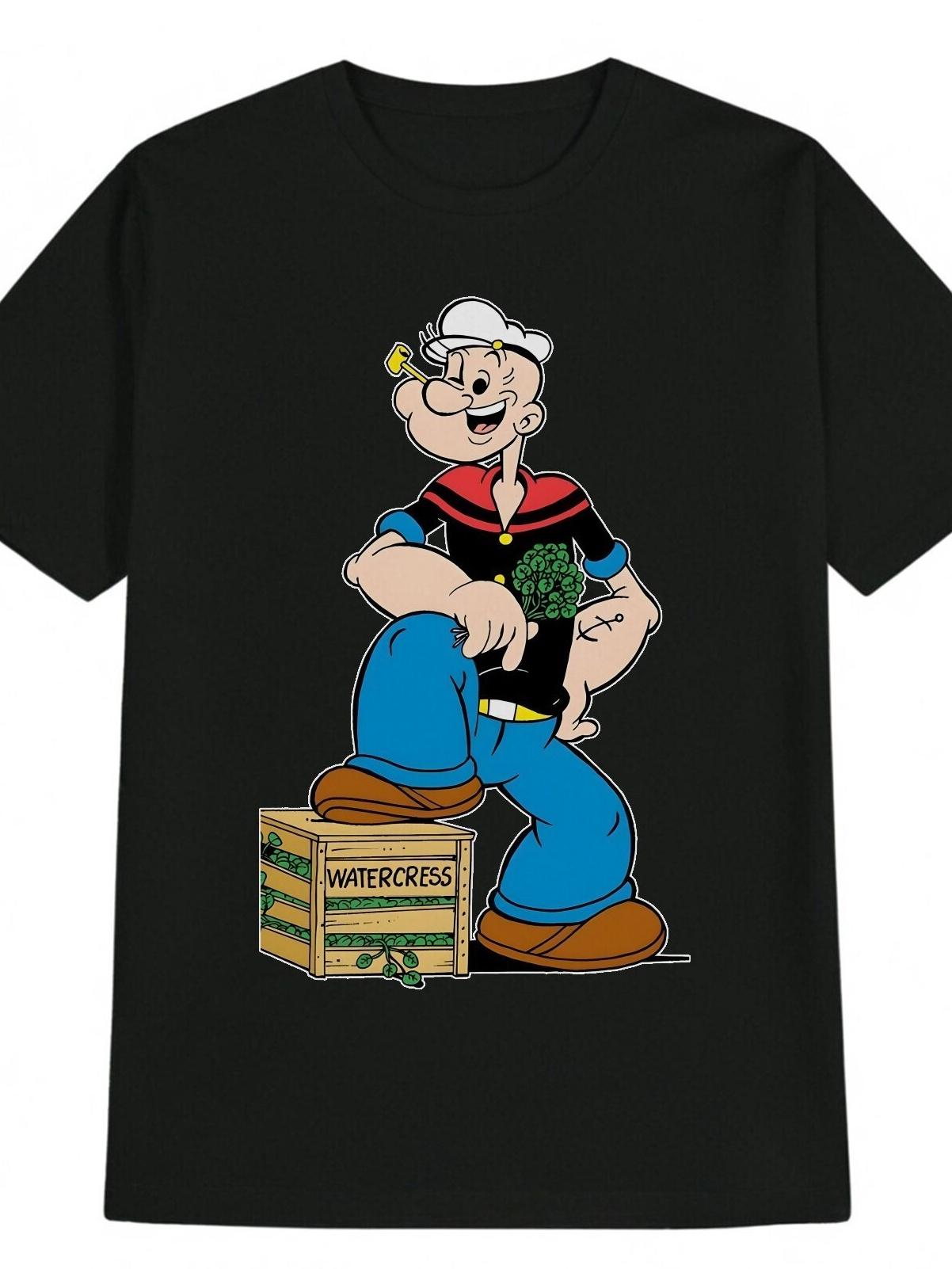 Casual Round Neck T-shirt with Popeye The Sailor Print - Black Polyester S