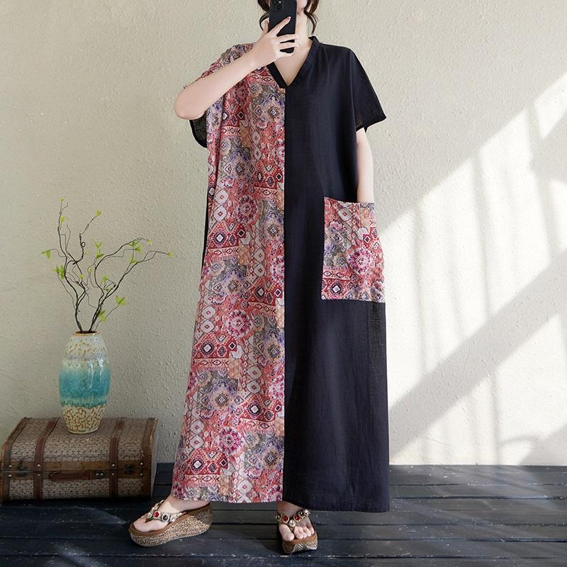 

Короткий рукав Плюс размер Хлопок винтажный цветочный новый в платьях для женщин повседневное свободное макси длинное летнее платье