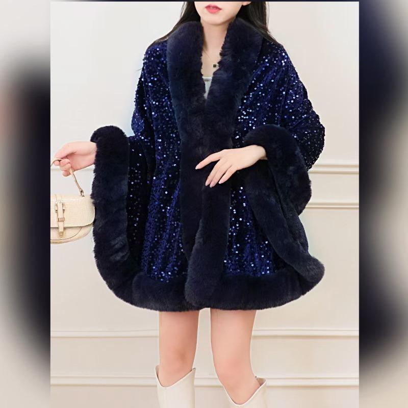 Autumn and Winter Plus Velvet Thickened Big Fur Collar Sequined Shawl Women's Fashion Short Cloak Top