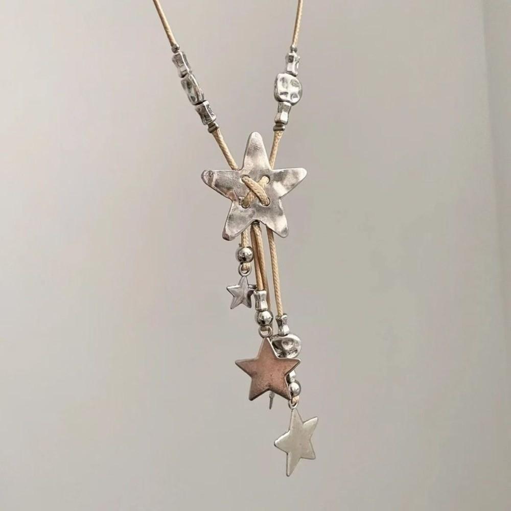 Vintage Y2k Star Tassel Necklace Long Chain Leather Rope Woven Necklace Zinc Alloy Sweet Cool Choker Jewelry Women's Jewelry