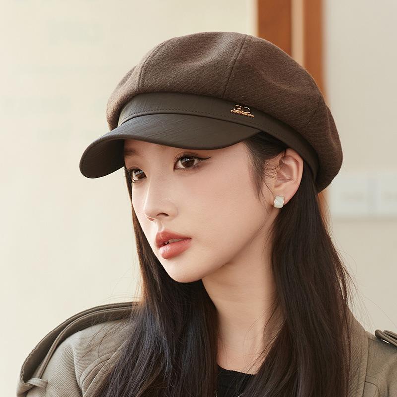 Classic Belt Decor Wool Beret Hats Elegant Octagonal Newsboy Hat Painter Cap Vintage Solid Color Berets for Women Autumn & Winter