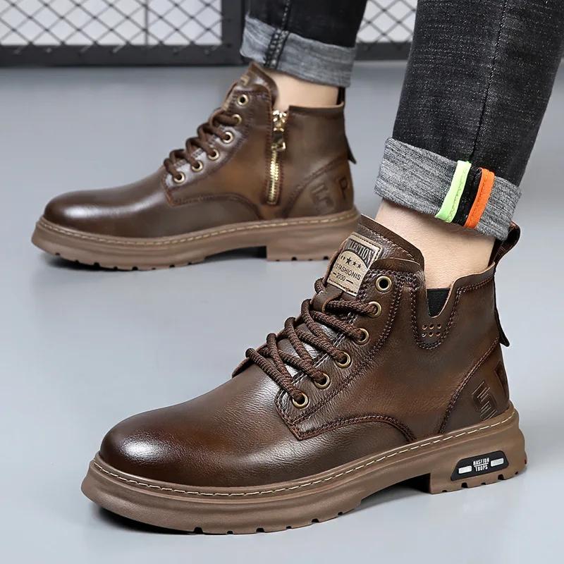 Luxusní pánské boty z pravé kůže Módní motocyklové boty Retro ležérní kotníkové boty pro muže Zimní teplé pánské boty Botas Hombre