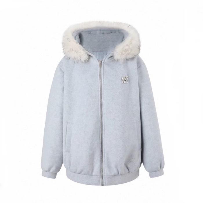 

Women s High-End Quilted Woolen Coat with Fur Collar Hood and Thickening, Autumn/Winter Style M