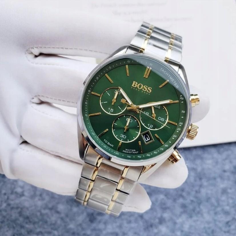 Hugo Boss 1513878 Men's Watch Silver/Gold Strap Green Dial 44 Mm + Box