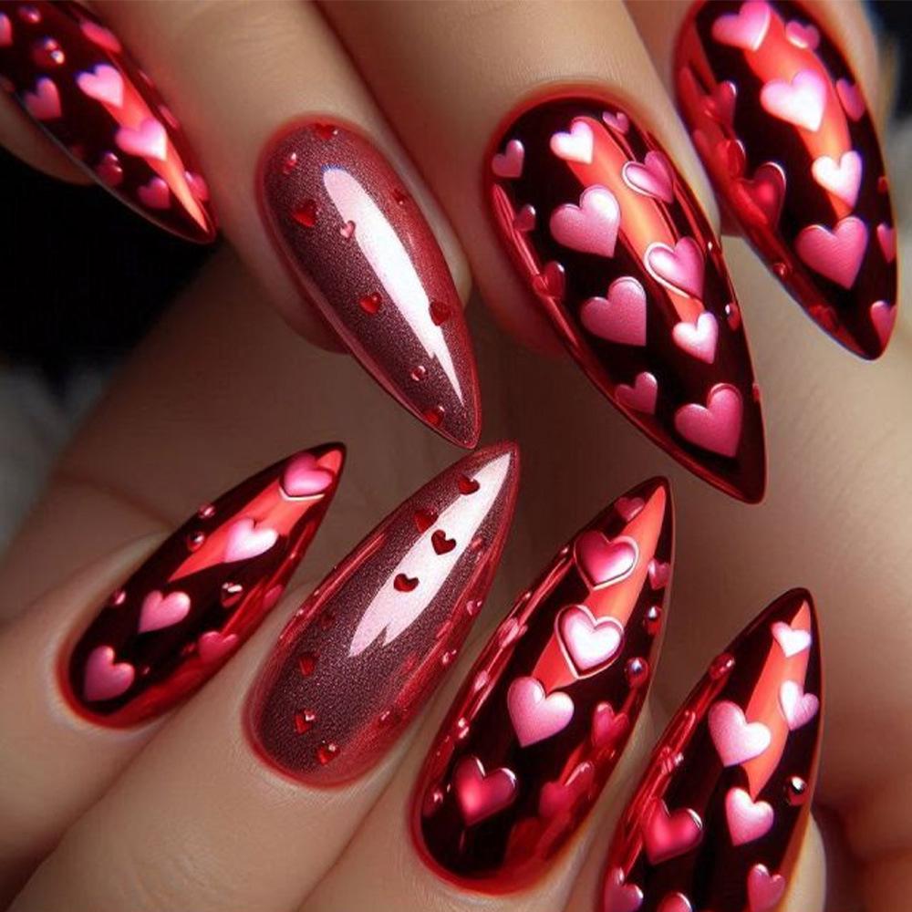 Valentine s Day Wine Red Almond False Nails with Embossed Hearts