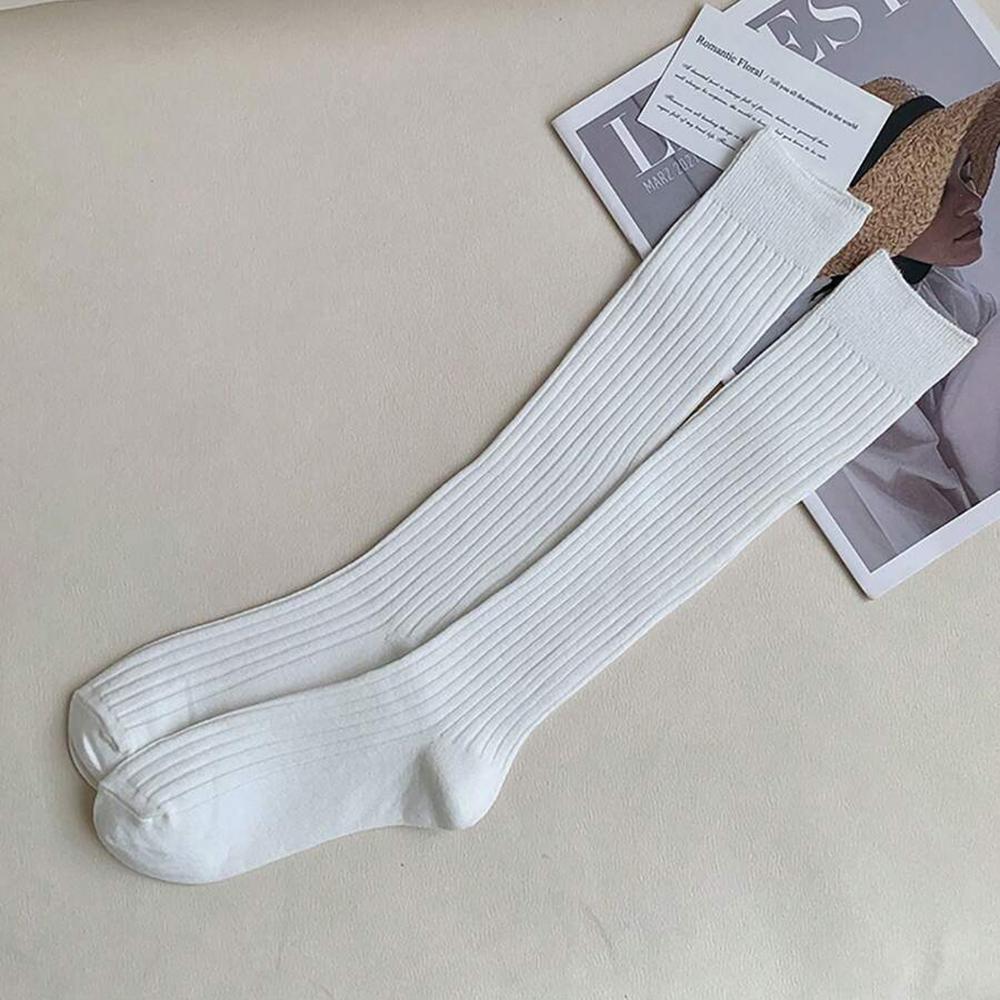 1 Pair Women Striped Knee Length Stockings Fashionable Solid Color Slim Fit Suitable Daily Wear Soft Comfortable Casual Socks