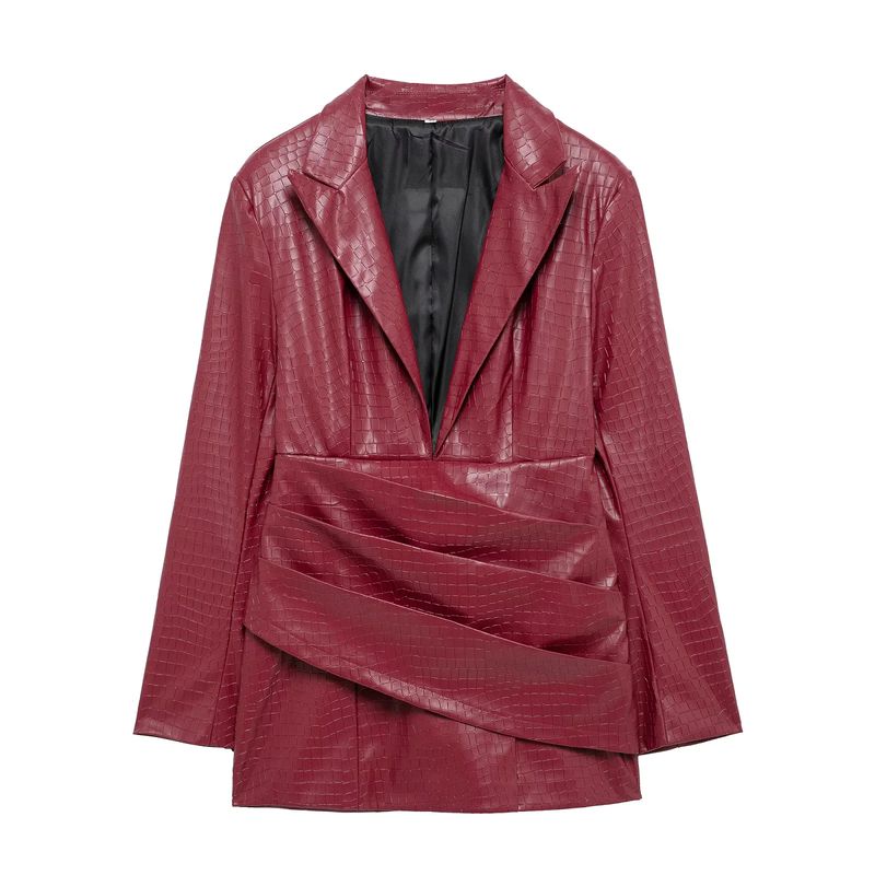 

Spring New Women s Clothing French Sexy Sexy Wind Depth V Neck Long Sleeves Ruched Poly Urethane Leather Short Dress Burgundy L