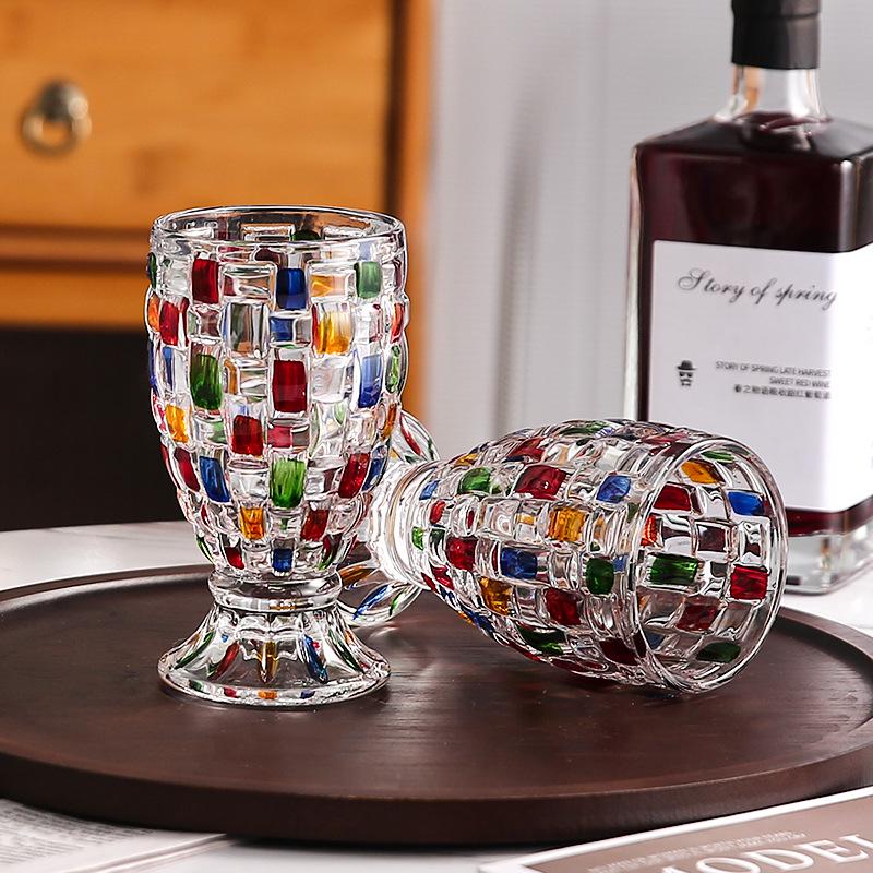 Colorful Striped Glass Goblet: High-Foot Milk Tea & Dessert Cup with Woven Texture, Perfect for Juice and Water.