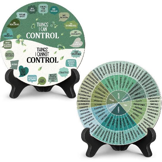 2 Pcs Feelings Wheel Therapy Office Desk Decor Things I Can Control Double Sided Mental Health Emotions Chart with Stand Therapist Gifts Psychology