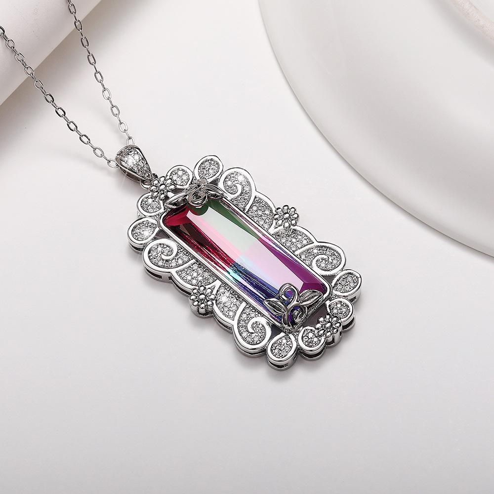 Silver Plated Rectangle Gradient CZ Pendant Necklace, Ornate Floral Frame Cable Chain Necklace for Women
