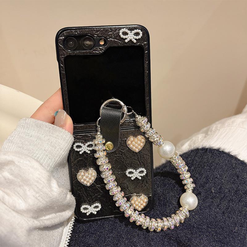Bow Shaped Heart-shaped Leather Phone Case for Samsung Zflip6 Flip Folding Screen, Fold Bracelet Pocket