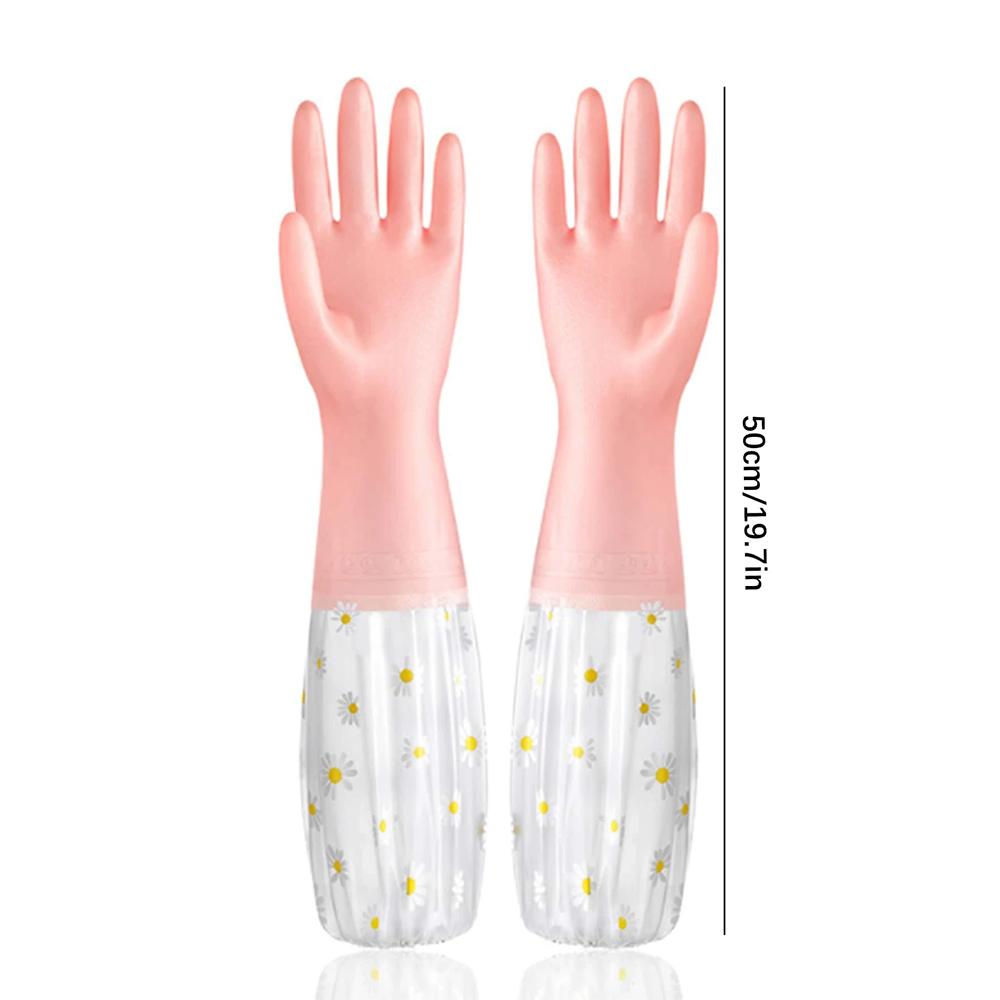 1 Pair Dishwashing Cleaning Gloves Daisy Flower Pattern Waterproof Reusable Kitchen Household Rubber Gloves Color Random