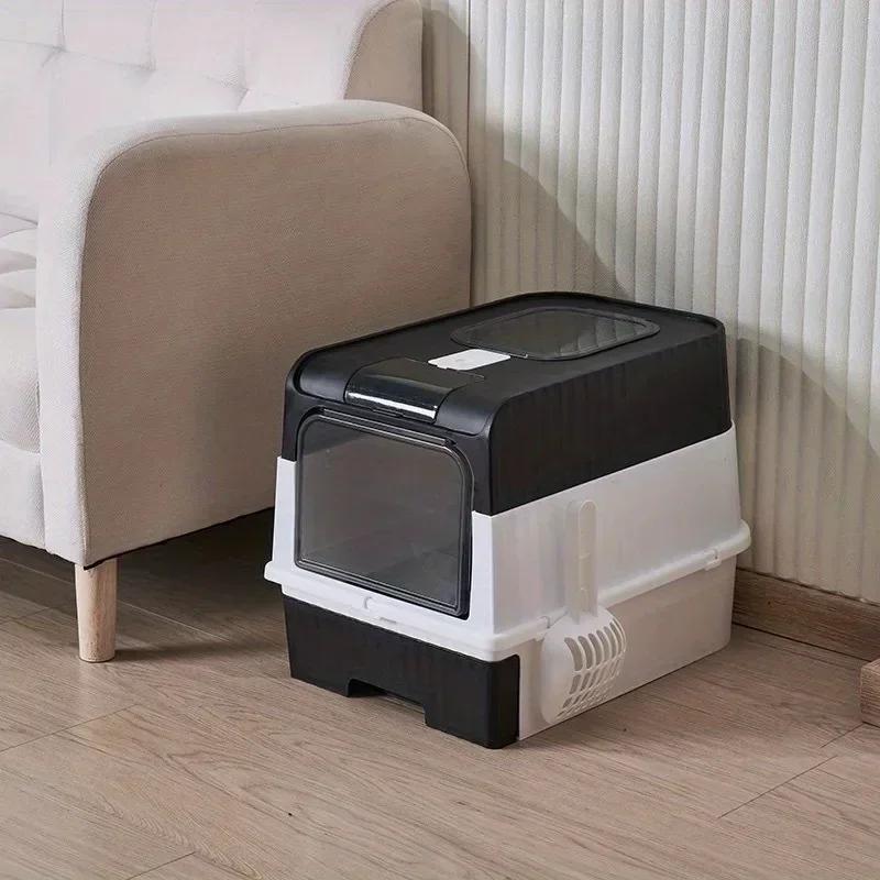 Cat Toilet Fully Enclosed Drawer Style Easy To Clean Portable Cat Manure Box with Splash Guard and Spoon on Top for Pet Supplies