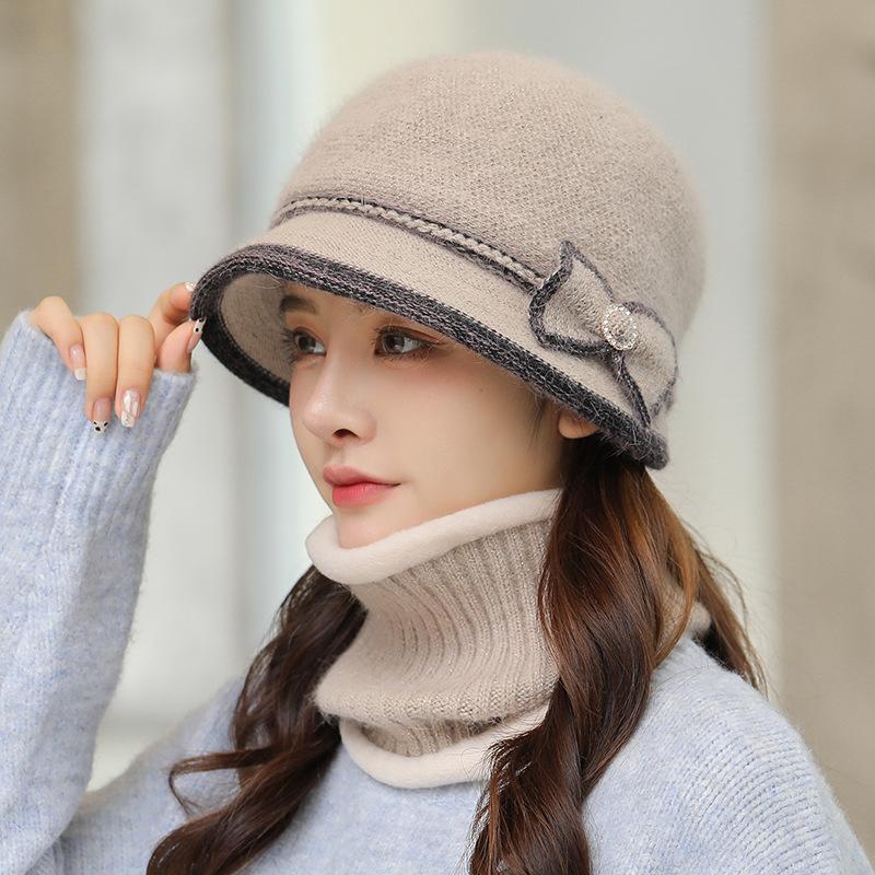 Autumn Winter Women's Rabbit Fur Hats Neck Scarf Sets Solid Color Basin Hat Knitted Woolen Caps Warm Casual Fisherman Hats with Scarf Trendy