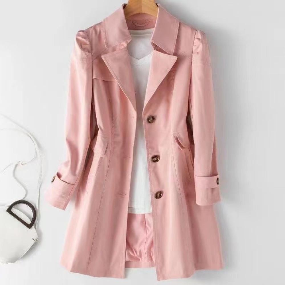 Fashion Solid Trench Coat Women Single-Breasted Khaki Black Pink Beige Windbreaker Outerwear Casual Tops