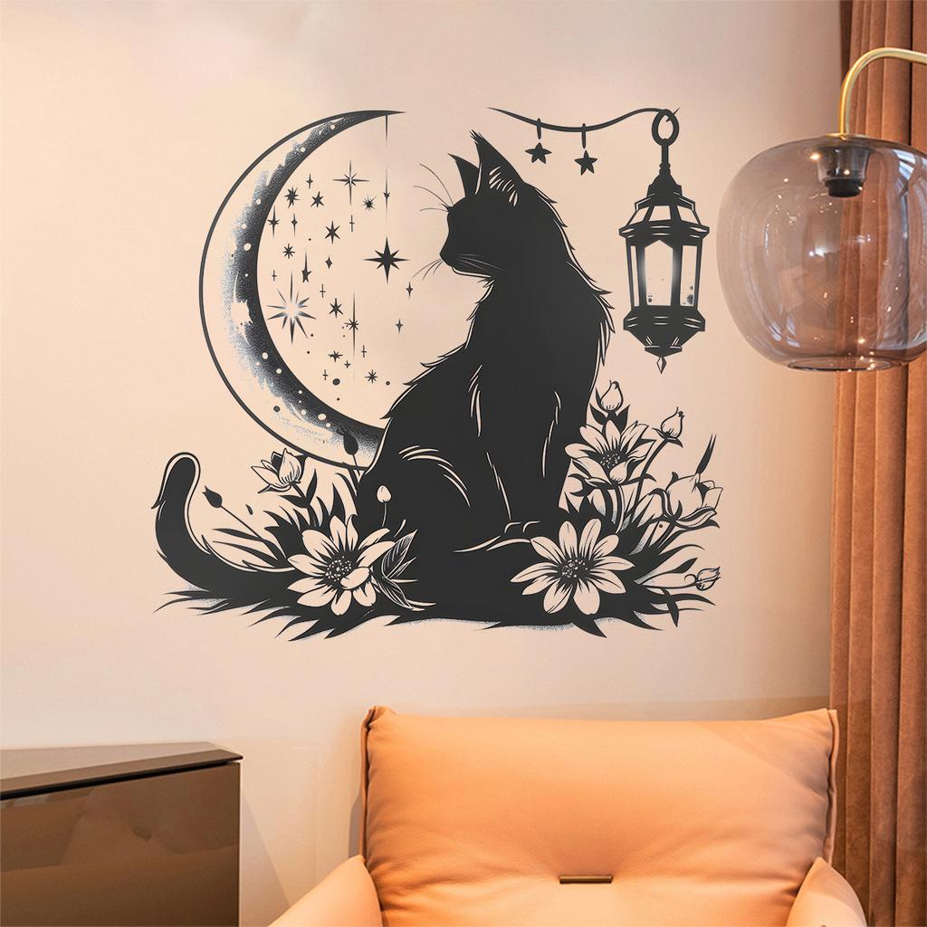 Black Cat Moon Flowers Wall Sticker Vinyl Decal for Living Room Entrance Home Decor Background Wall Art