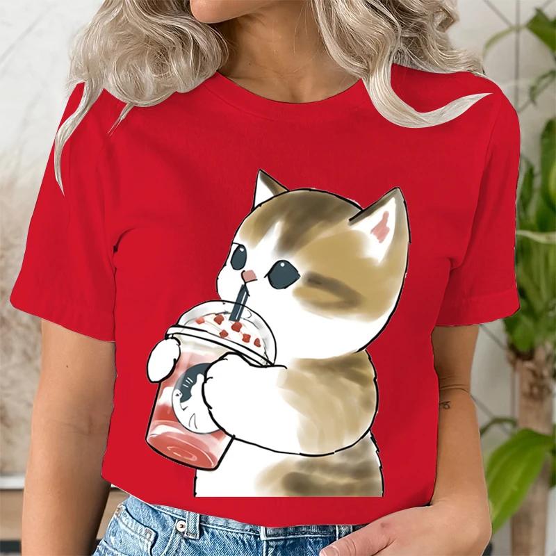 Women Boba Tea Cat Print Casual Clothes Tee Tshirt Fashion Female Tops Mujer Camisetas Ladies Anime Cartoon Graphic TShirt Tops