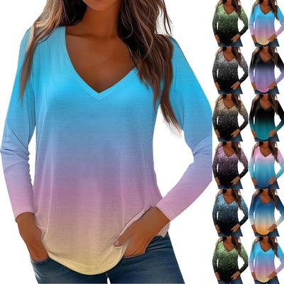 Womens Long Sleeve Tops V Neck Shirts Casual Gradient Print Basic Trendy Tee Blouses Fall Tunic Outfits Fitted T Shirts