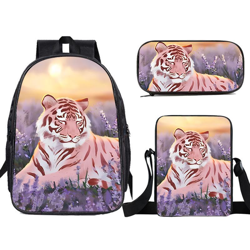 Zaino a forma di tigre dei cartoni animati, grande capacità, zaino per scuola elementare, set da tre pezzi, zaino per bambini, borsa a tracolla, astuccio