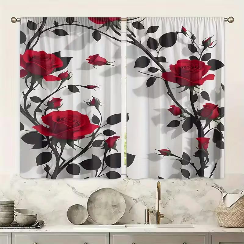2pcs Elegant Red Rose & Black Leaf Pattern Curtains, Designed for Light Blocking, Premium Material, Suitable for Living Room, Be