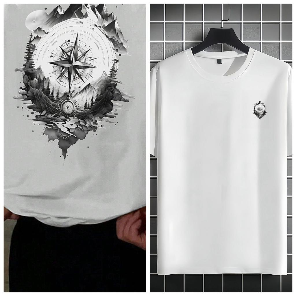Men Casual Short-Sleeve T-Shirt with Compass Mountain Design Round Neck, Perfect for Spring Outdoor Activities Clothing