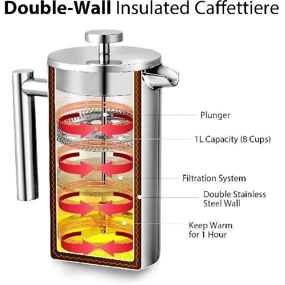34oz French Press Coffee Maker, 1000ml Stainless Steel Double Insulated Cafetiere 8 Cup Espresso Coffee Press, Portable Coffee Plunger Pot for Home,