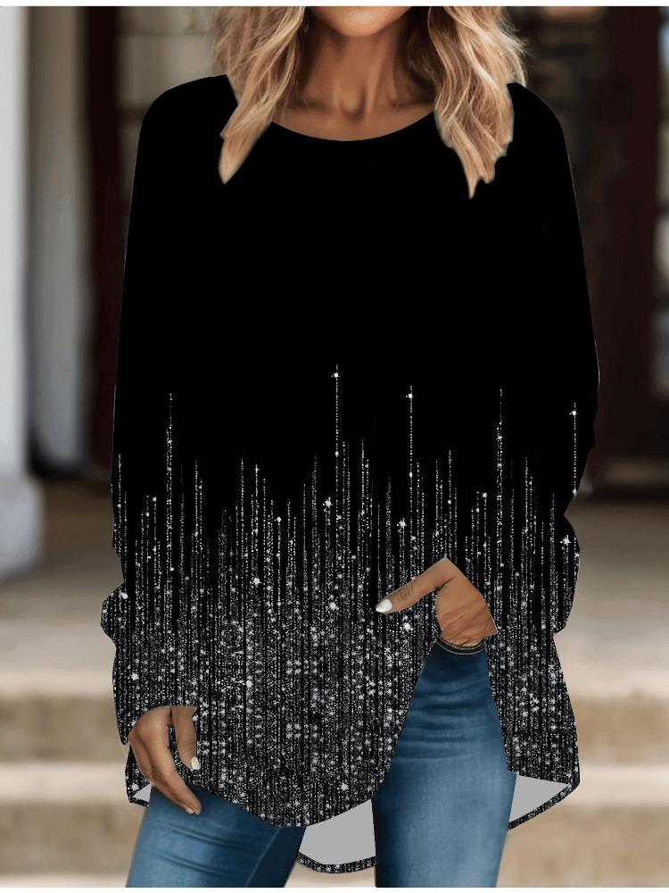 Spring Printed Comfy Long Sleeve T-shirt Plus Size Women Casual Baggy Tee Round Collar Mid Length Tops