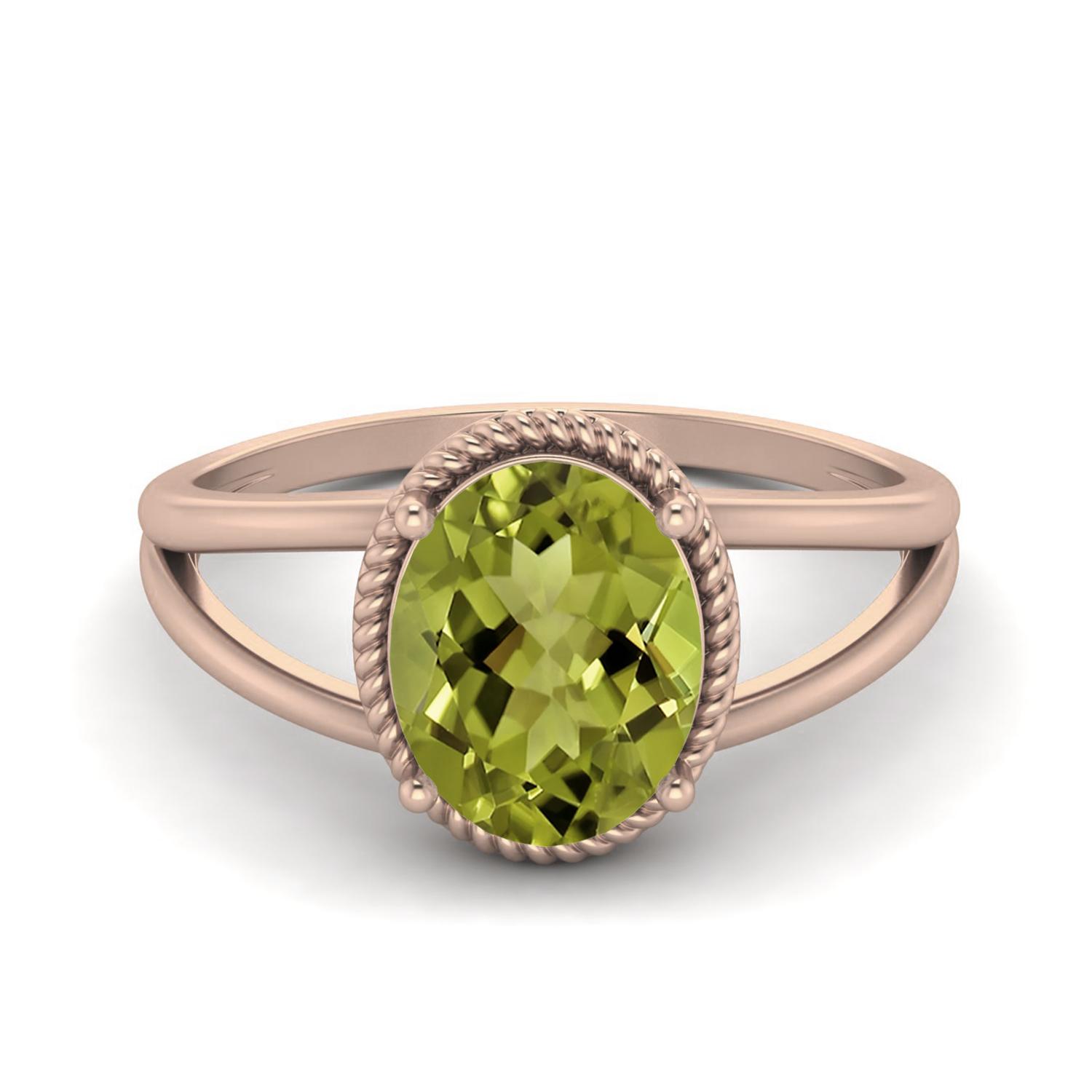 9X7MM Oval Peridot 925 Sterling Silver Rose Vermeil Solitaire Split Shank Women Wedding Ring 8