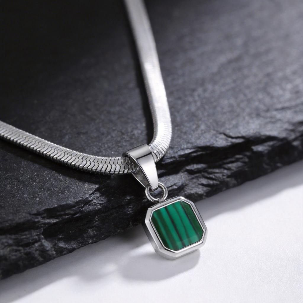 Geometric Square Natural Stone Pendant Necklace for Men, Gold Silver Color Stainless Steel Blade Chain, Trendy Jewelry Gift