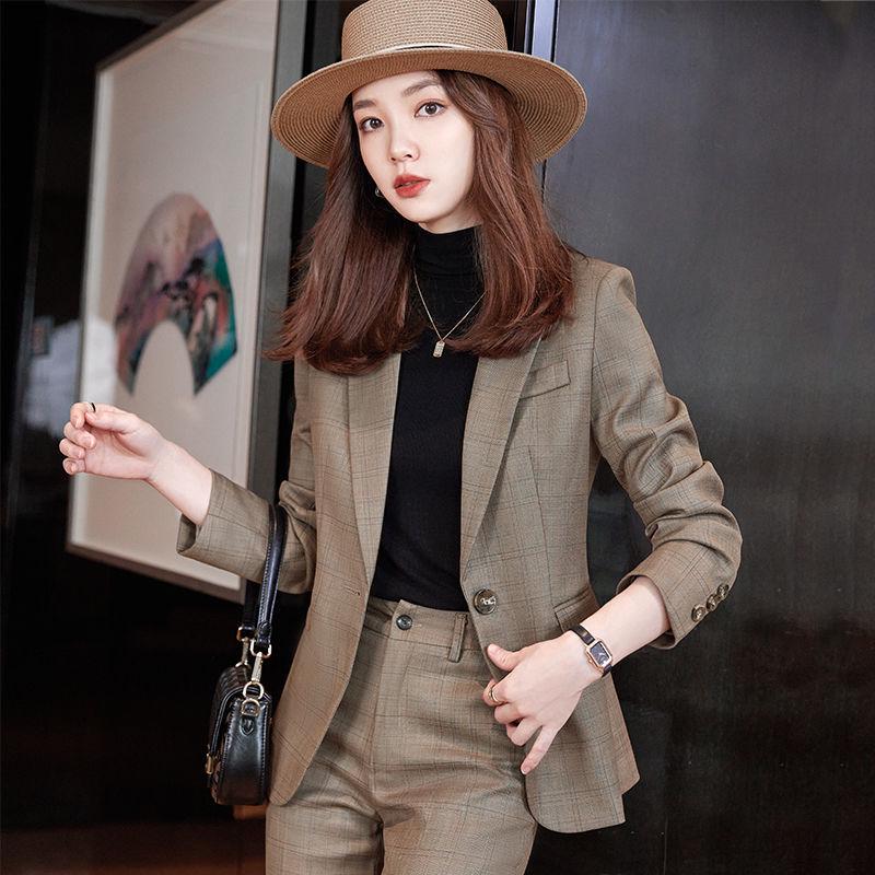 Women's Autumn/Winter Plaid Two-Piece Blazer Suit: Casual & Professional Wear