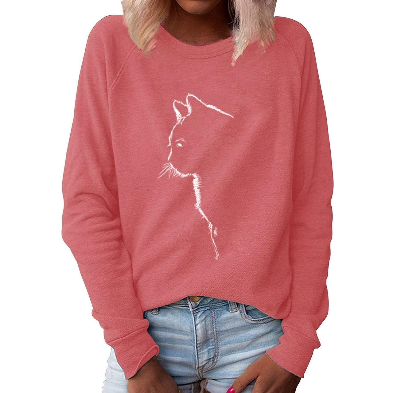 

Женский повседневный свободный и удобный пуловер с круглым вырезом и длинными рукавами с принтом кошачьего узора 4XL розовый