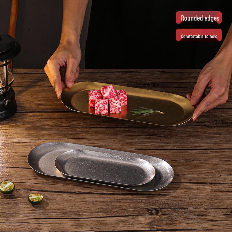 Retro Stainless Steel Oval Japanese Ornament Tray in Gold for Creative Restaurant Dessert and Pastry.