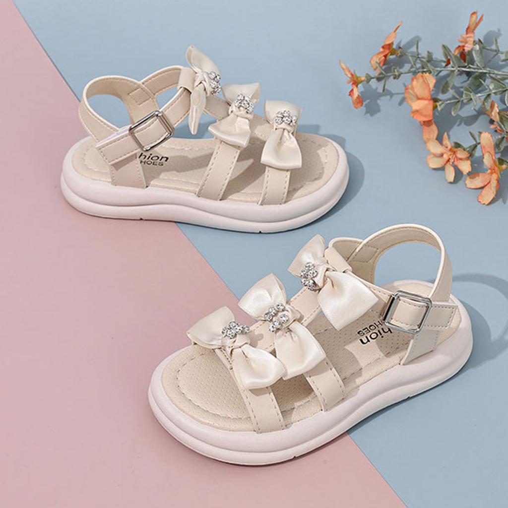 Girls Open Toe Sandals Summer Bowknot Design Adjustable Buckle Strap Comfortable Sole Lightweight Beach Shoes for Kids