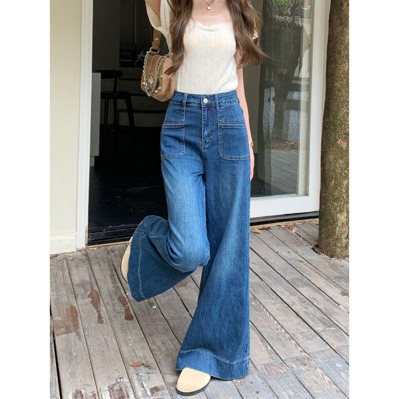 American Retro Loose Washed-out Denim Women's Autumn High-Waisted Boot-Cut Pants Easiest for Match Small Straight-Leg Pants Loose Pants