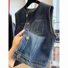 Women's Round Neck Sleeveless Denim Vest Loose Fit Vintage Washed Casual Waistcoat Top