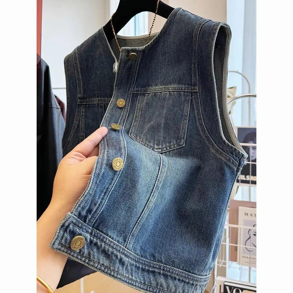 Women's Round Neck Sleeveless Denim Vest Loose Fit Vintage Washed Casual Waistcoat Top