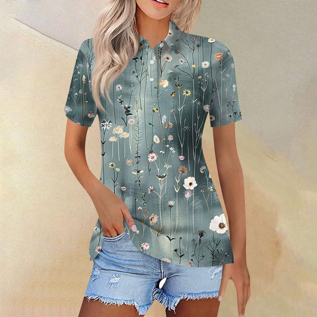 Women's Fashion Casual Lapel Short Sleeve Print Shirt Women's Button Up Tops