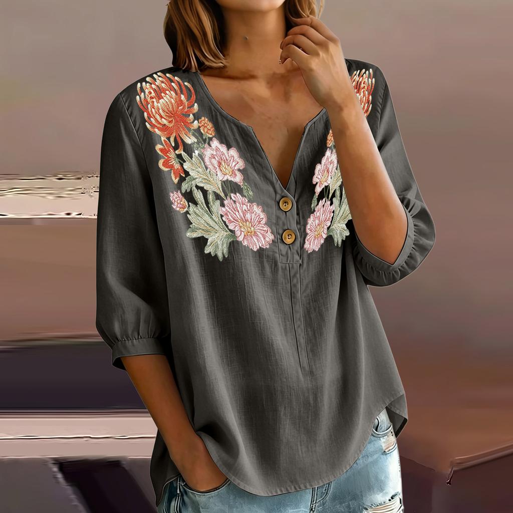 Damen Blumenstickerei Henley-Kragen Knopfleiste Hemd Dreiviertelarm Baumwolle Leinen Oberteil Lässige Bluse