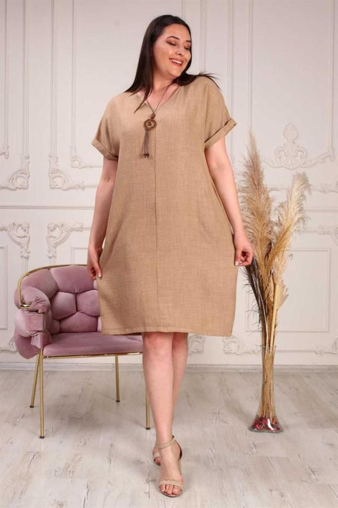 Damen Übergröße Kleid Halskette Plus Size Leinen Ayrobin Kleid Schwarz