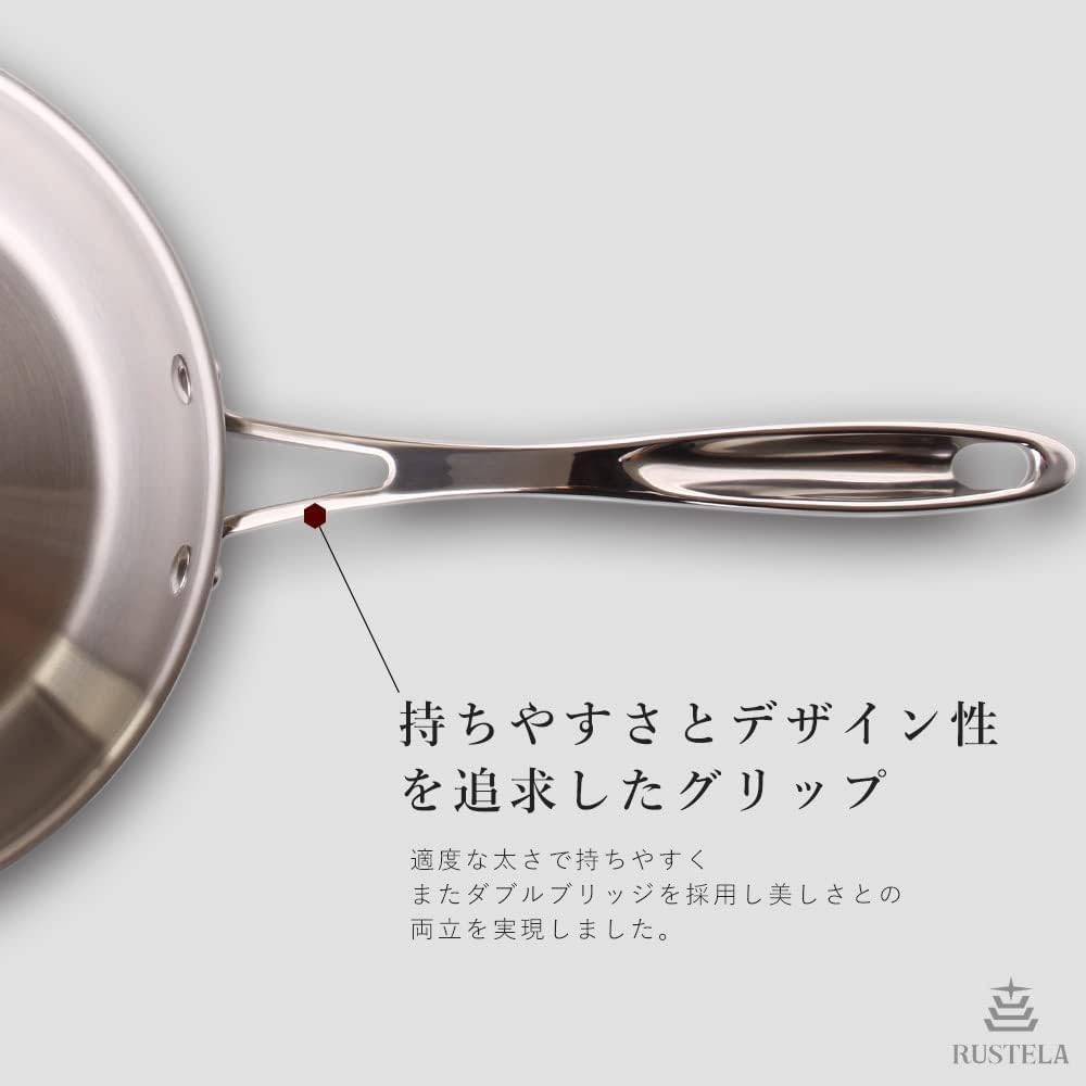 RUSTELA Commercial Stainless Steel Frying IH Dishwasher Safe Pan, 22cm, Three-layer Structure, Compatible,