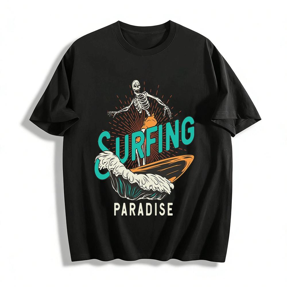 Vintage Skull Surfing Print T-Shirt Unisex Surfing Paradise Casual Top Pure cotton T-shirt XXS