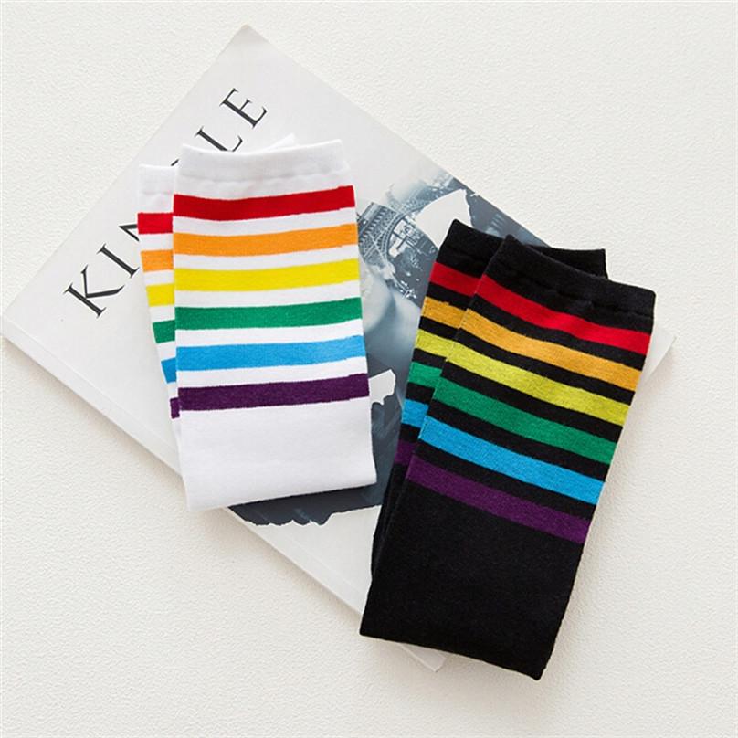 1Pair Girls Thigh High Socks Over Knee Rainbow Stripe Football Socks