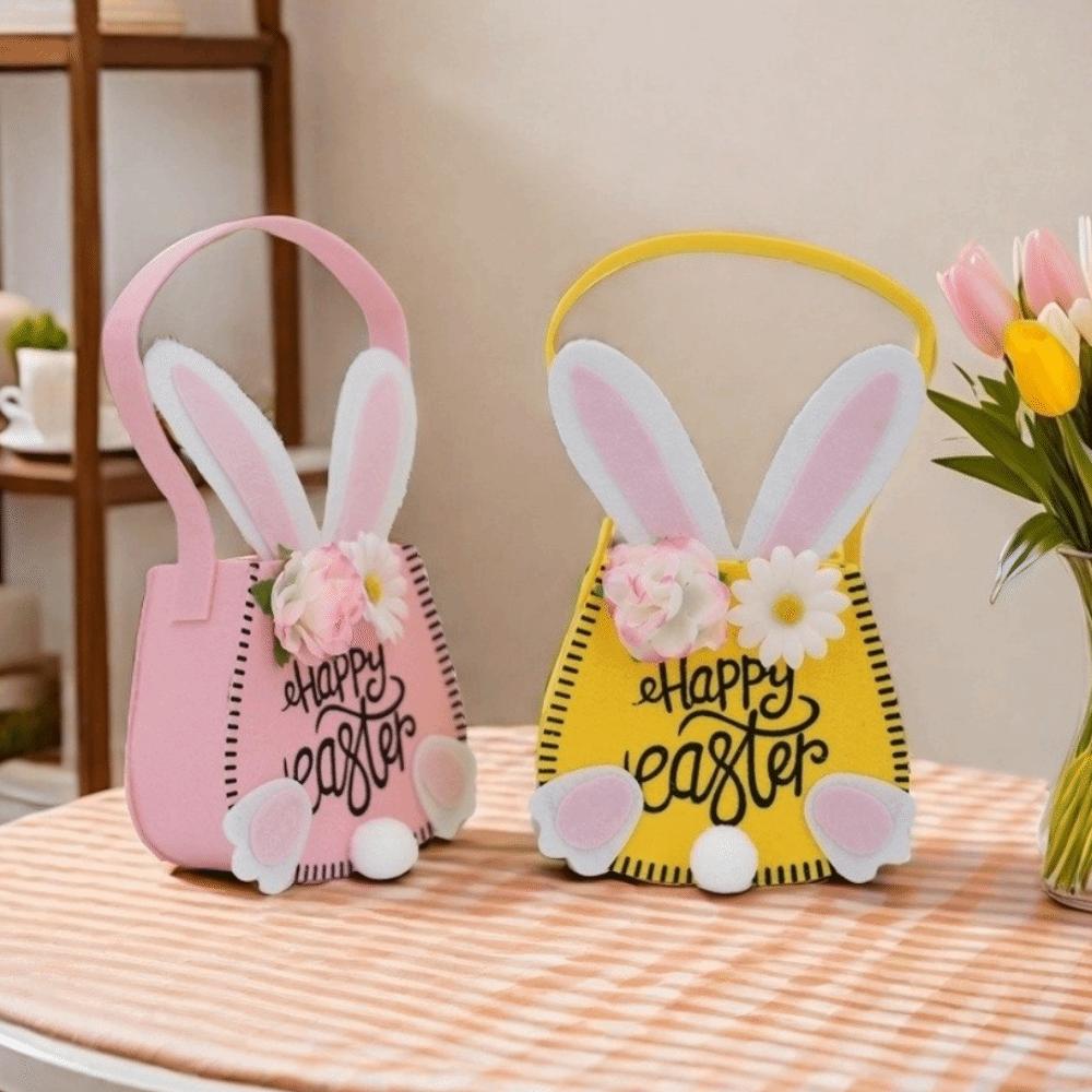 Rabbit Ear Easter Tote Bag Flowers Decoration Gift Bag Creative Easter Basket Family Party