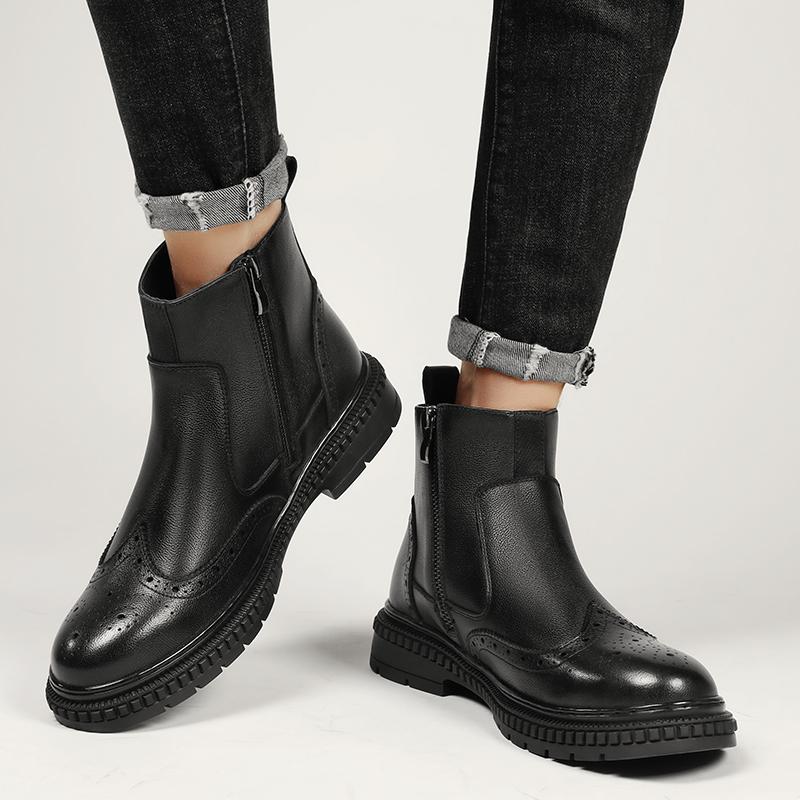 Side Zipper Men High Top Casual Shoes Luxury Chelsea Boots Genuine Leather Men's Ankle Boots High Grade Winter Plush Snow Boots