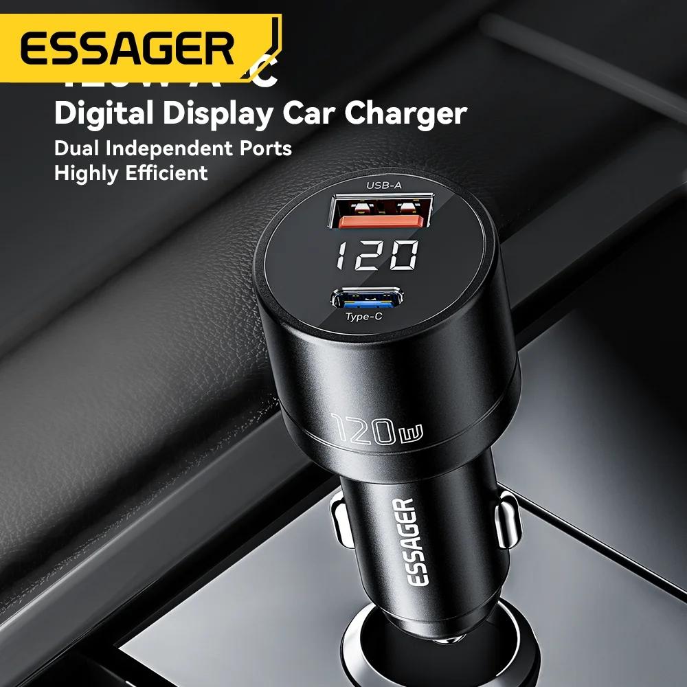 Essager Încărcător auto PD 120W Încărcător super rapid QC 4.0 PD 3.0 pentru iPhone 15 14 Încărcător USB tip C Samsung Încărcător portabil pentru telefon