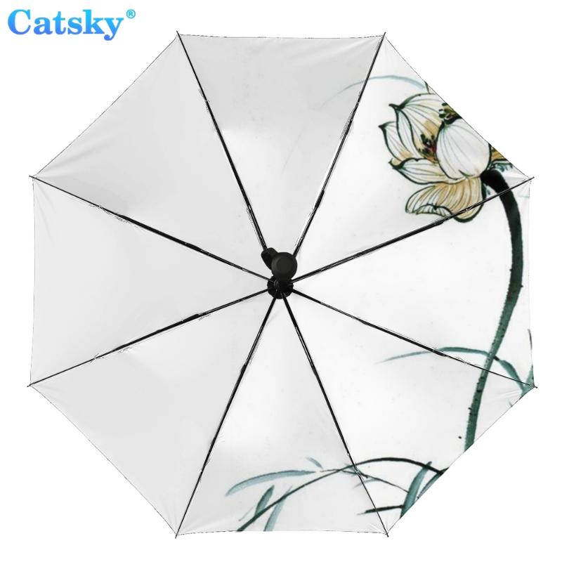 

Полностью автоматический трехстворчатый складной зонт с китайской росписью и черным покрытием, анти-УФ-защита от солнца, женский зонтик от дождя